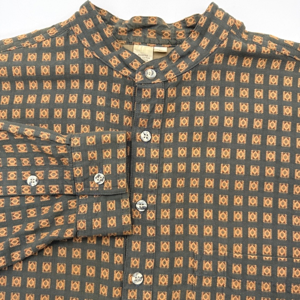 The Territory Ahead Shirt Mens L Green Medallion Band Collar Popover Cotton
